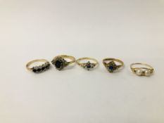 FOUR VARIOUS 9CT. GOLD STONE SET DRESS RINGS AND ONE PEARL SET RING MARKED 9KT.