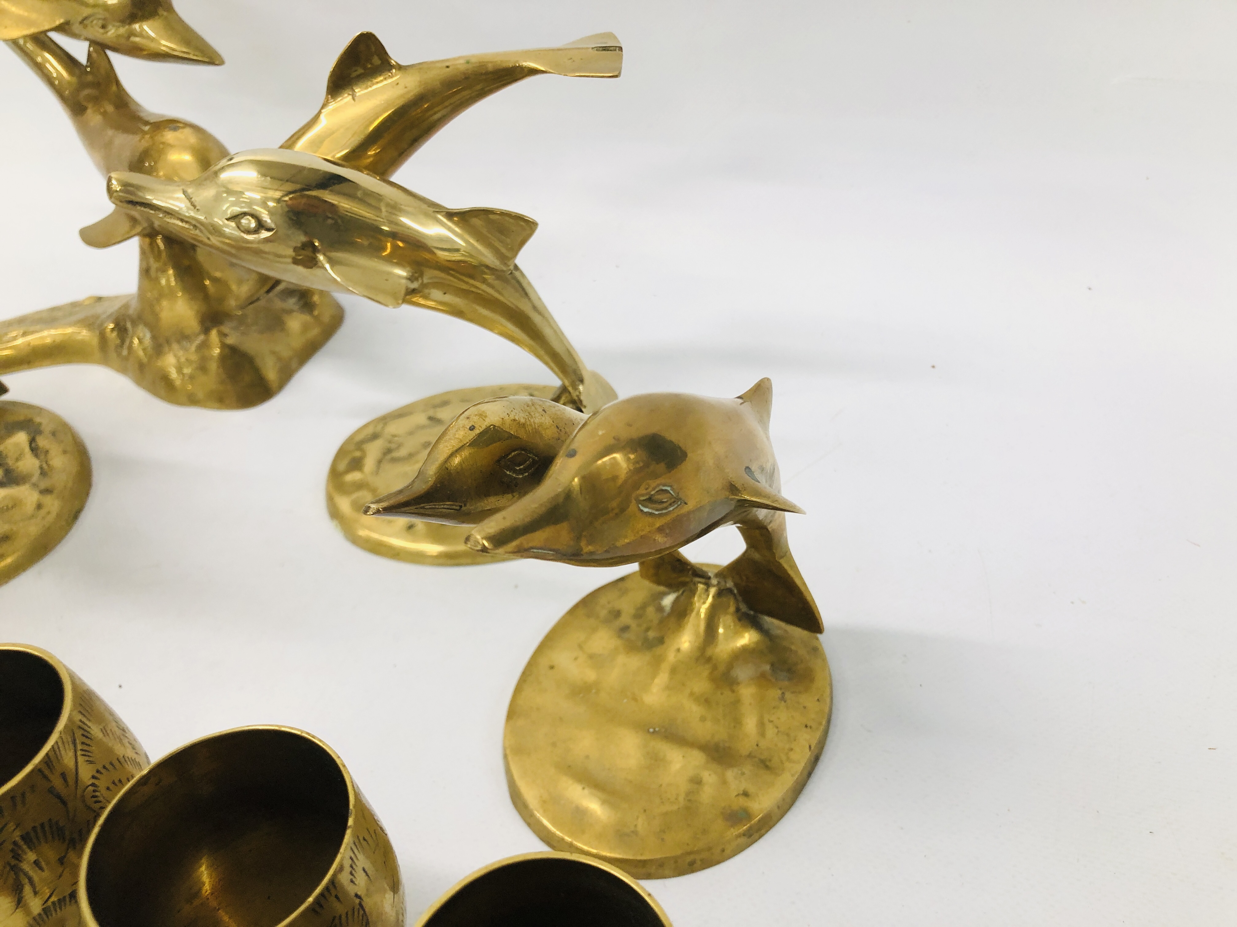 COLLECTION OF BRASS DOLPHINS, PIGS AND GOBLETS. - Image 6 of 6