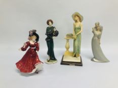 ROYAL DOULTON FIGURINE PATRICIA HN3365 ALONG WITH THREE VARIOUS CABINET ORNAMENTS A.D.L.