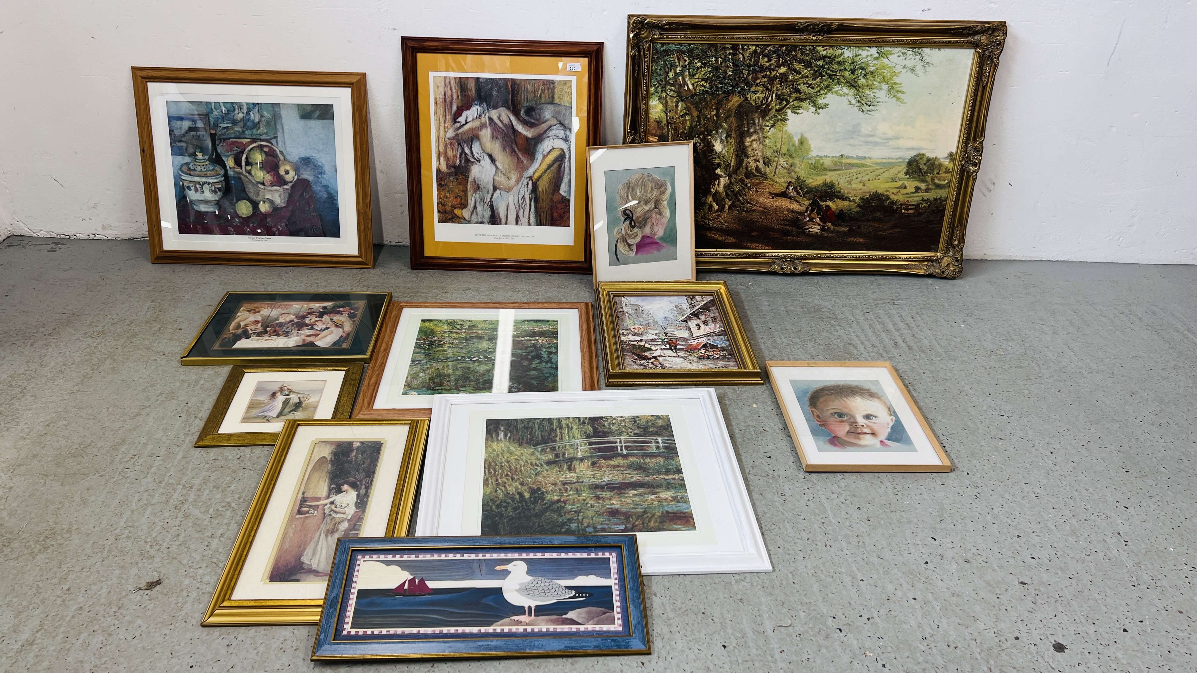 A DEGAS PRINT AND TWO MONET PRINTS, TWO ORIGINAL FRAMED PORTRAITS,