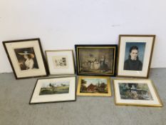 SEVEN ASSORTED PICTURES INCLUDING GEORGIAN ARCHIE BALL THORBURN OIL OF COTTAGE ETC.