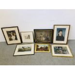 SEVEN ASSORTED PICTURES INCLUDING GEORGIAN ARCHIE BALL THORBURN OIL OF COTTAGE ETC.