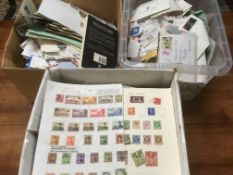 THREE CARTONS OF STAMPS IN PACKETS, ON LEAVES AND LOOSE, COVERS, ETC.