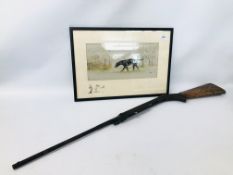 A FRAMED AND MOUNTED WATER COLOUR OF BLACK HUNTING HOUND WITH PEN AND INK SKETCH TO MOUNT BEARING