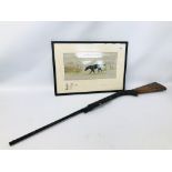 A FRAMED AND MOUNTED WATER COLOUR OF BLACK HUNTING HOUND WITH PEN AND INK SKETCH TO MOUNT BEARING