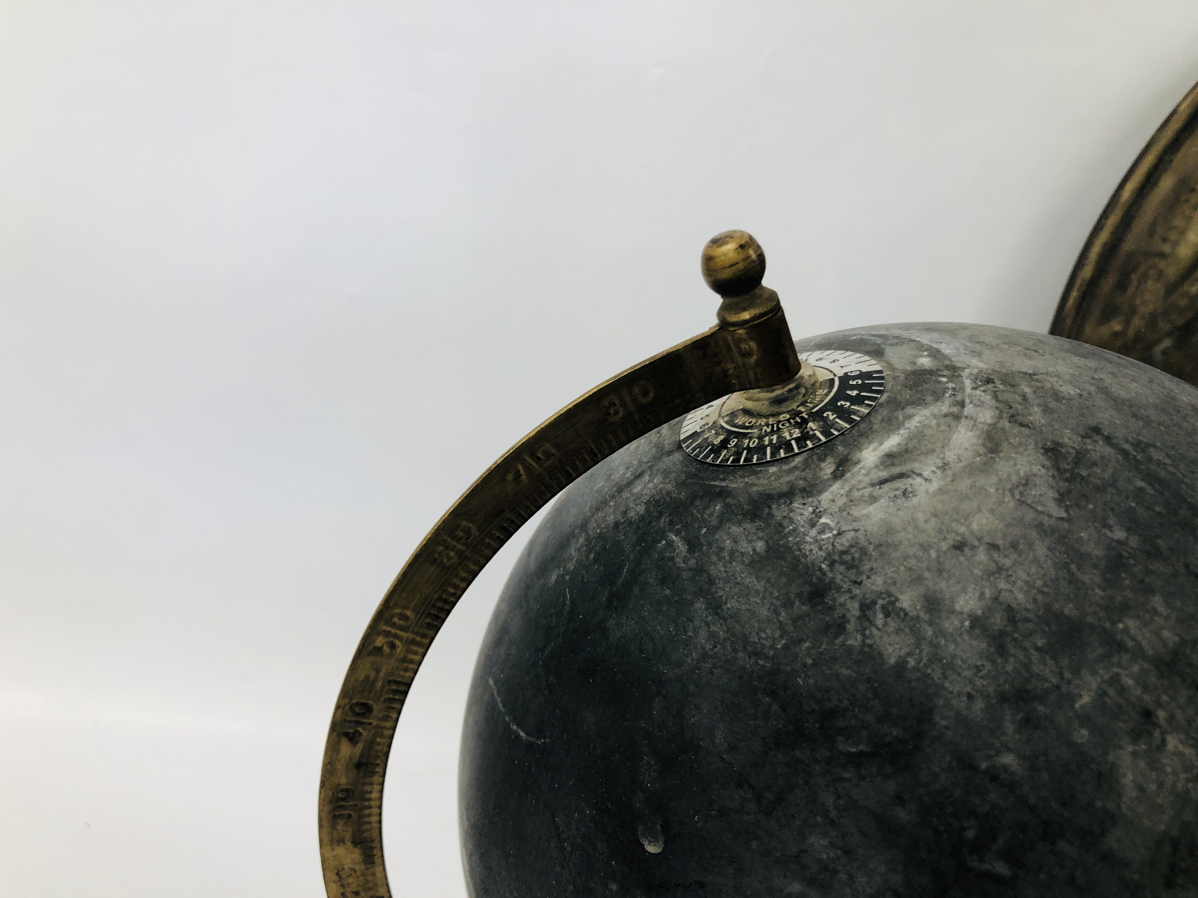 A VINTAGE BRASS FRAMED CHALK GLOBE, A PAIR OF BRASS BARLEY TWIST CANDLESTICKS, - Image 9 of 12