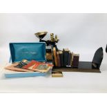 A VINTAGE LEUCHARS BRASS INLAID BOOK STAND AND VARIOUS VINTAGE BOOKS TO INCLUDE BIBLES,