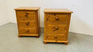 A PAIR OF GOOD QUALITY SOLID PINE THREE DRAWER BEDSIDE CHESTS - EACH W 48CM, D 43CM, H 63CM.