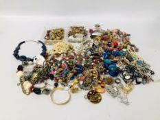 BOX OF ASSORTED COSTUME JEWELLERY TO INCLUDE SOME SILVER, EARRINGS, BEADS, CUFF LINKS AND BROOCHES,