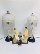 TWO FLORENCE TABLE LAMPS WITH FIGURES AND GLASS SHADES ALONG WITH THREE CLASSICAL FIGURES - SOLD AS