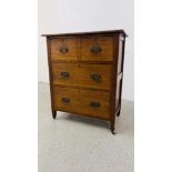 AN OAK TWO OVER TWO DRAWER CABINET WITH ART NOUVEAU HANDLES WIDTH 69CM. DEPTH 40CM. HEIGHT 83CM.