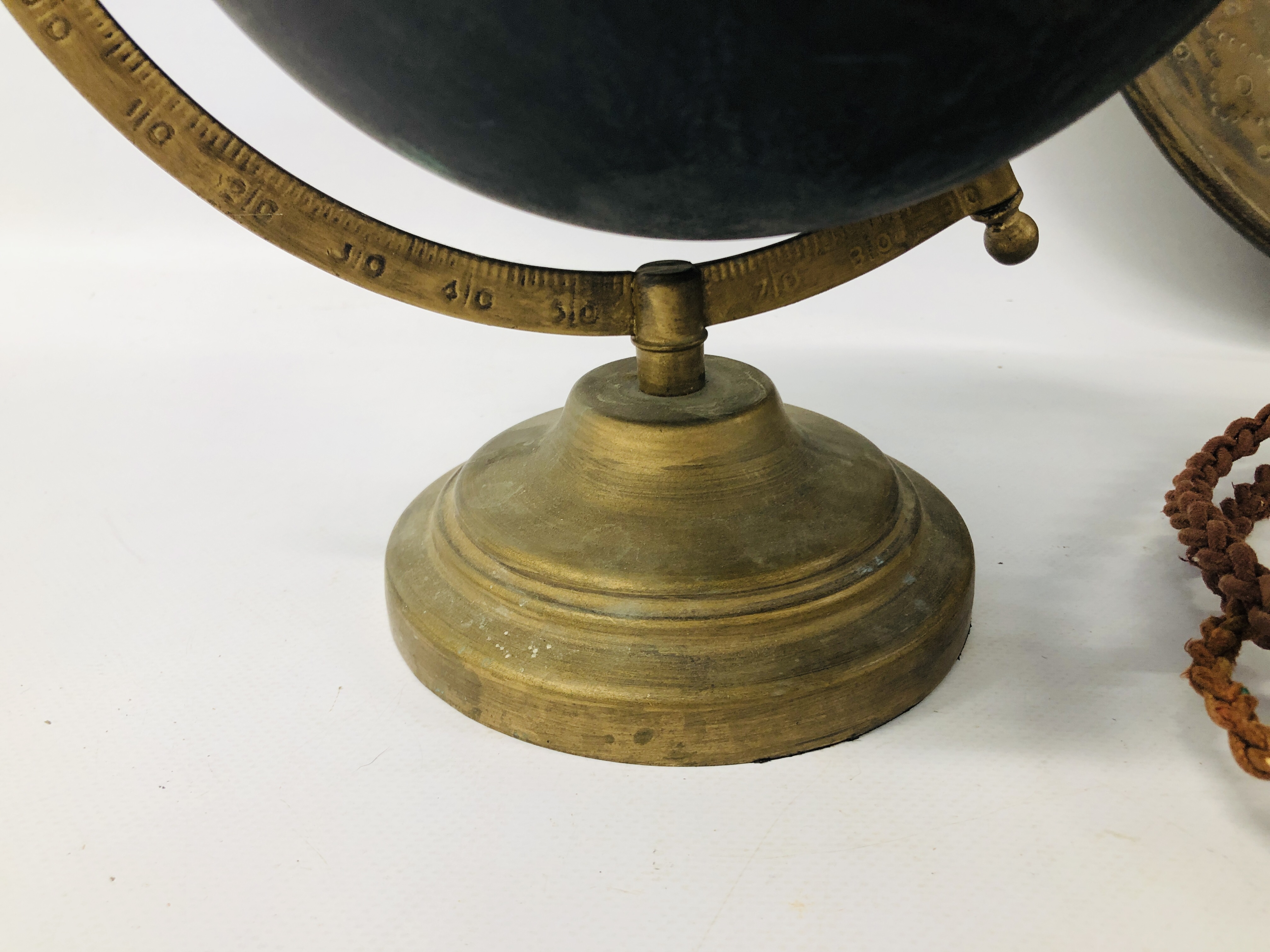 A VINTAGE BRASS FRAMED CHALK GLOBE, A PAIR OF BRASS BARLEY TWIST CANDLESTICKS, - Image 10 of 12