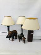 A PAIR OF MODERN COLUMN DESIGN TABLE LAMPS ALONG WITH A FURTHER OBLONG LAMP IN BROWN FINISH AND