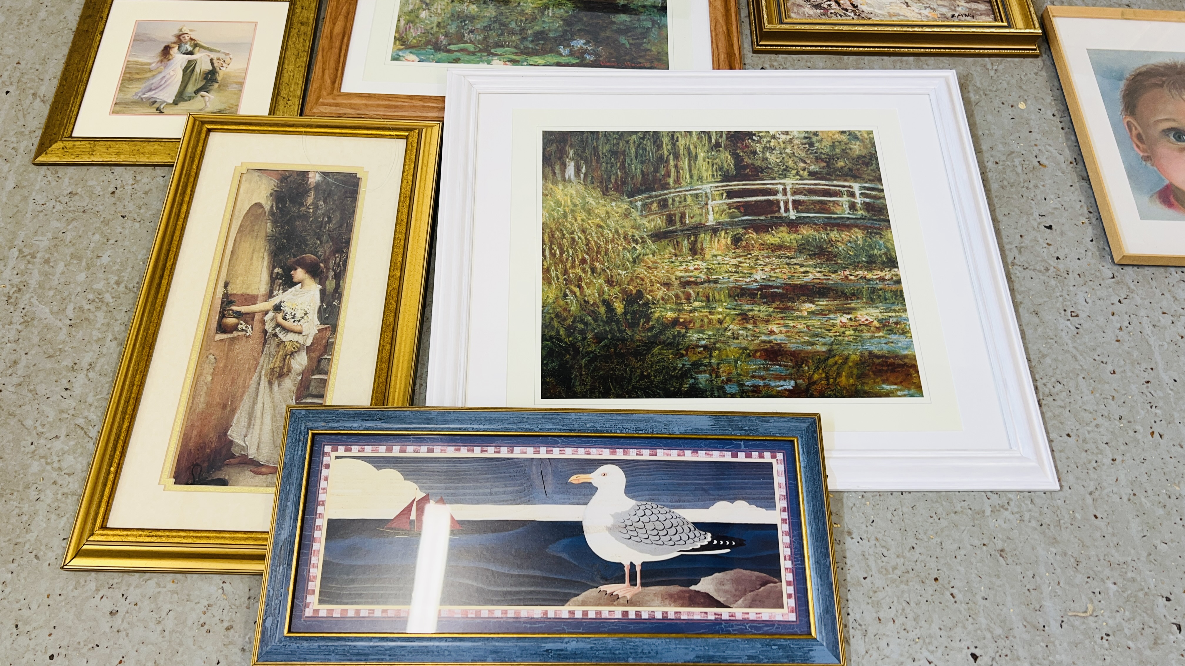 A DEGAS PRINT AND TWO MONET PRINTS, TWO ORIGINAL FRAMED PORTRAITS, - Image 2 of 6