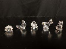 FIVE BOXED SWAROVSKI CRYSTAL CABINET ORNAMENTS TO INCLUDE DOVE, CAT, HEDGEHOG,