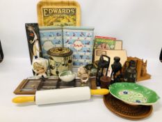 A COLLECTION OF VINTAGE DECORATIVE COLLECTIBLES TO INCLUDE TINS, DANISH TRAY WITH INSERTS,