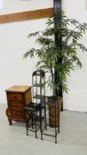 THREE VARIOUS METAL CRAFT STANDS AND ARTIFICIAL BAMBOO PLANT HEIGHT 1.