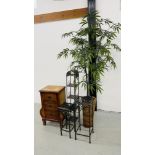 THREE VARIOUS METAL CRAFT STANDS AND ARTIFICIAL BAMBOO PLANT HEIGHT 1.