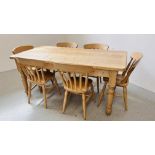 A HEAVY SOLID PINE FARMHOUSE KITCHEN TABLE ON TURNED LEG WITH DRAWER TO END W 90CM,
