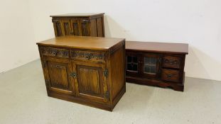 THREE PIECES OF FURNITURE TO INCLUDE OLD CHARM STYLE OAK TWO DRAWER TWO DOOR CABINET,