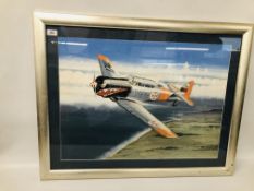 AN ORIGINAL FRAMED WATERCOLOUR OF AN AIRCRAFT IN FLIGHT BEARING SIGNATURE "MIKE BAILEY" W 74CM,