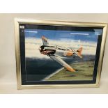 AN ORIGINAL FRAMED WATERCOLOUR OF AN AIRCRAFT IN FLIGHT BEARING SIGNATURE "MIKE BAILEY" W 74CM,