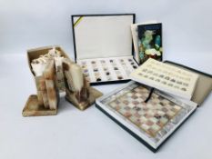 ONYX CHESS SET, A BOXED MINERAL SET, SHELLS, ALIBASTER BOOK ENDS A/F.