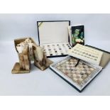 ONYX CHESS SET, A BOXED MINERAL SET, SHELLS, ALIBASTER BOOK ENDS A/F.