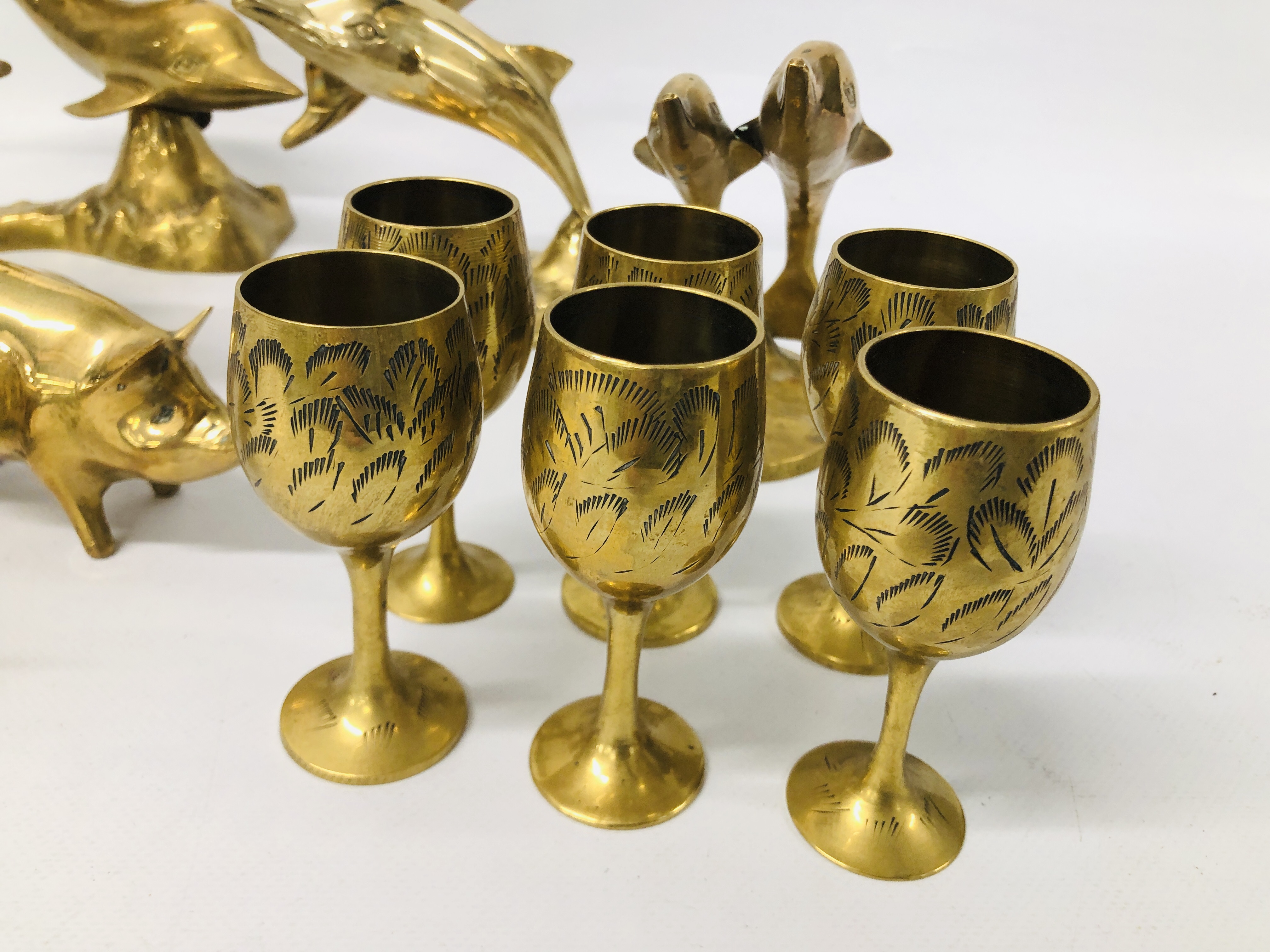 COLLECTION OF BRASS DOLPHINS, PIGS AND GOBLETS. - Image 2 of 6