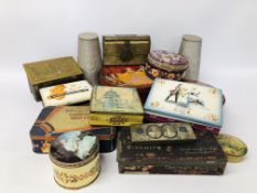 APPROX 15 VINTAGE TINS INCLUDING CHOCOLATE, BISCUIT, NOVELTY ETC.