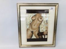 A FRAMED AND MOUNTED OIL ON BOARD KRYS LEACH NUDE WIDTH 19CM. HEIGHT 23CM.