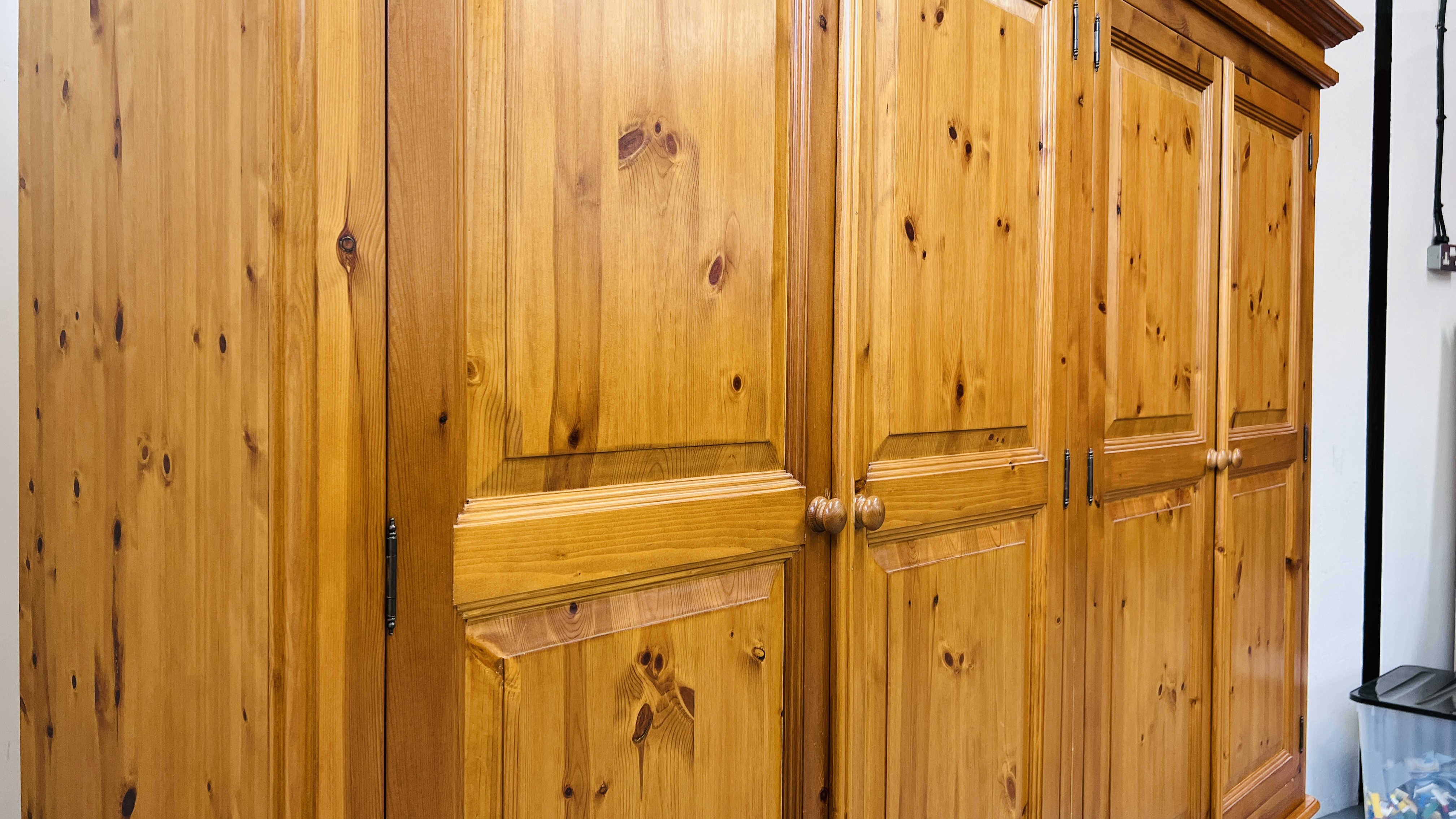 A GOOD QUALITY HONEY PINE FOUR DOOR WARDROBE WITH TWO DRAWER BASE WIDTH 228CM. DEPTH 59CM. - Image 5 of 14