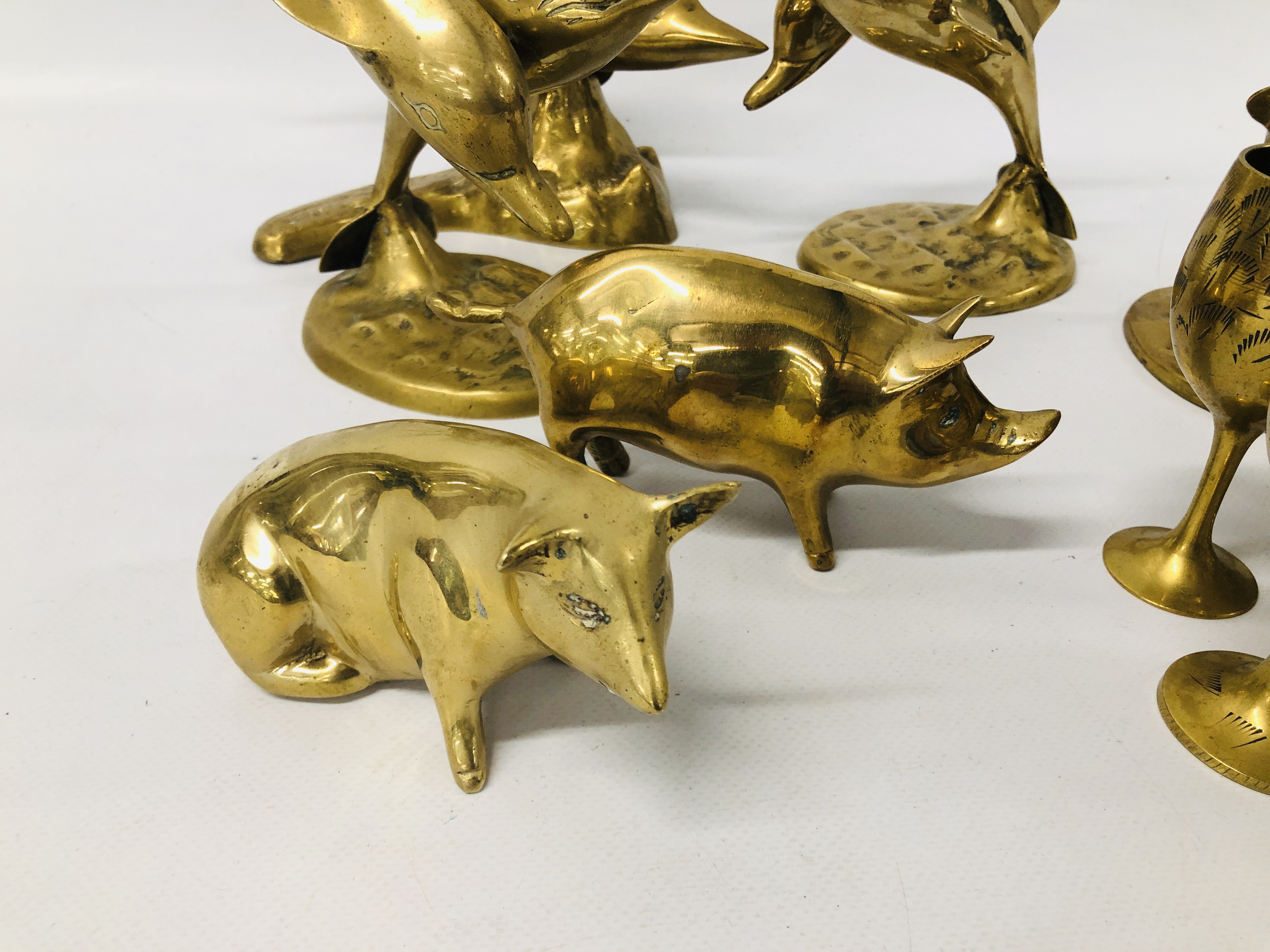 COLLECTION OF BRASS DOLPHINS, PIGS AND GOBLETS. - Image 4 of 6