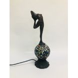 REPRODUCTION ART DECO STYLE LAMP WITH A NUDE LADY UPON A MULTI COLOURED GLASS SHADE - SOLD AS SEEN