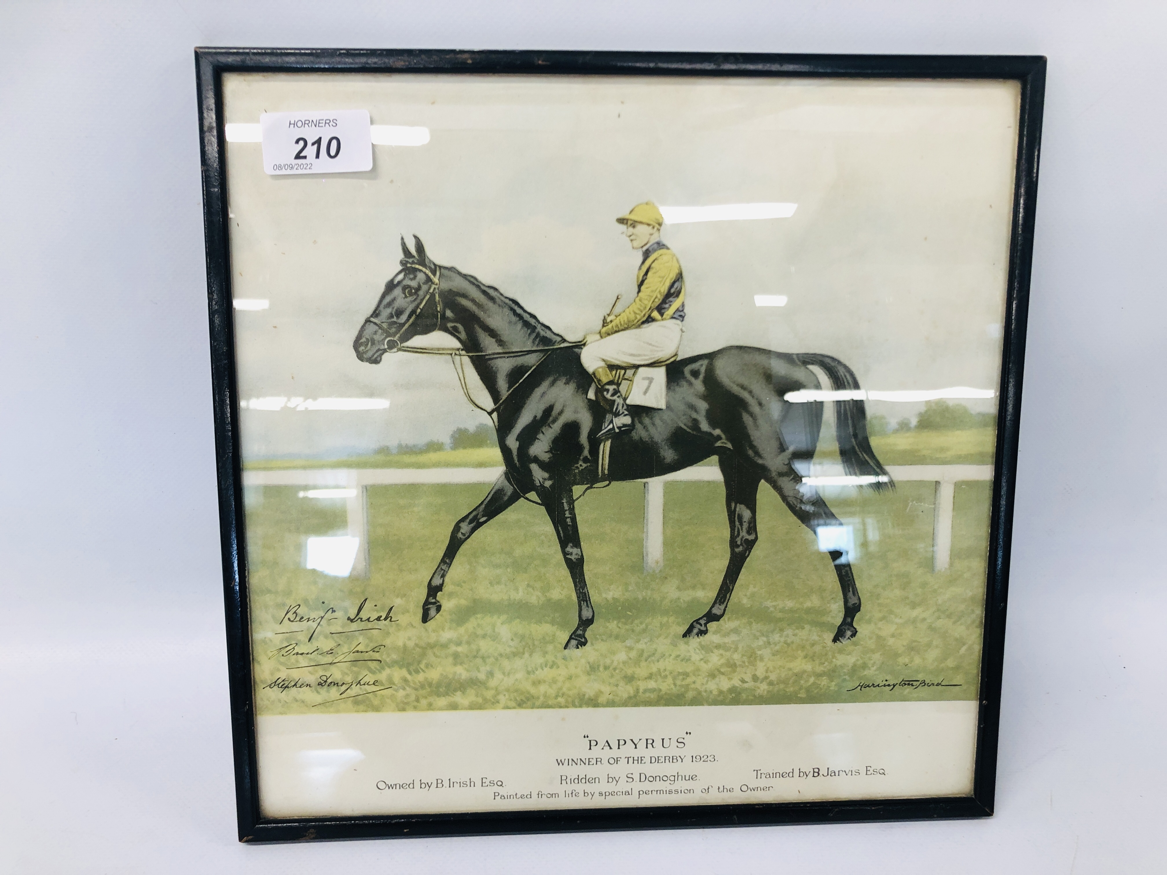 A FRAMED AND MOUNTED PRINT "PAPYRUS" WINNER OF THE DERBY 1923 RIDDEN BY DONOGHUE BEARING SIGNATURE