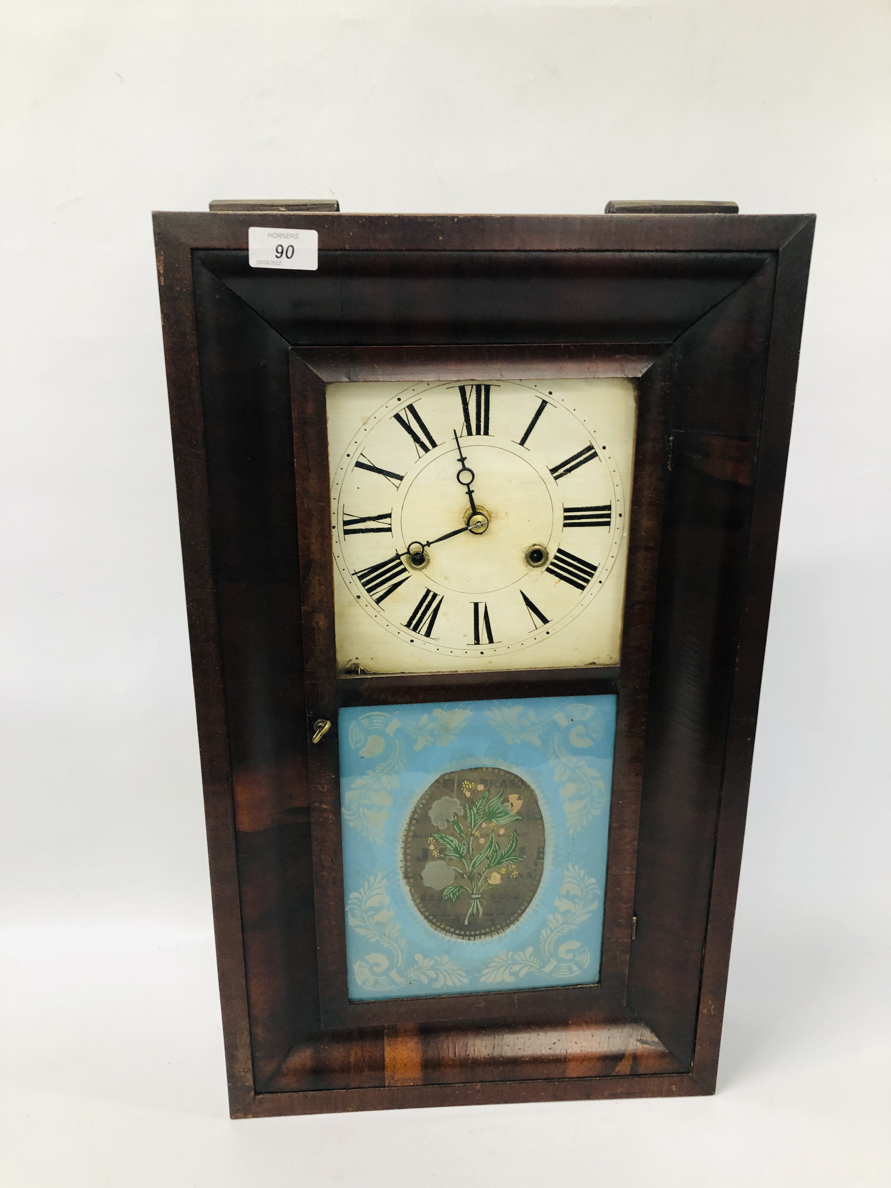 A VINTAGE C JEROME AMERICAN WALL CLOCK WITH KEY AND WEIGHTS,