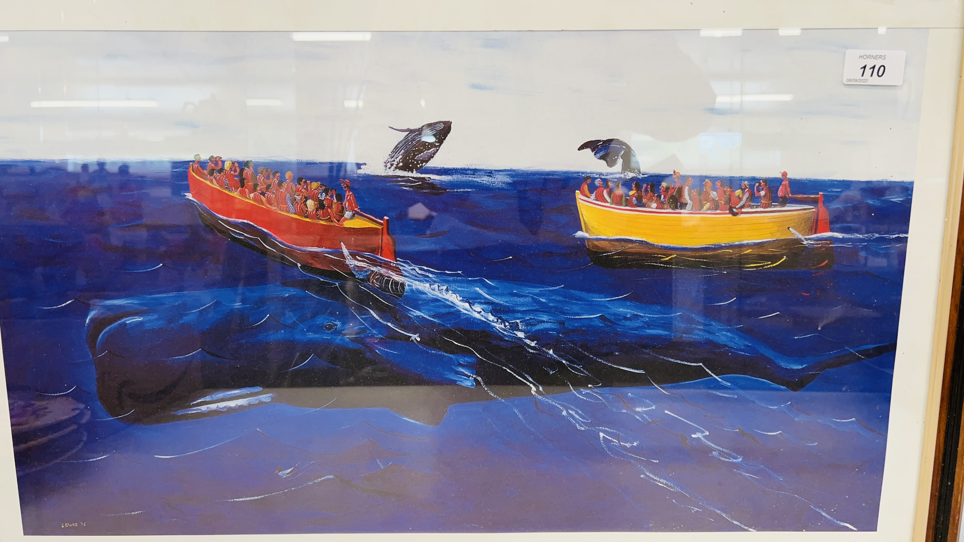 A FRAMED LIMITED EDITION LEWIS PRINT "WHALE WATCHING" 100/850 34CM X 59.5CM. - Image 2 of 2
