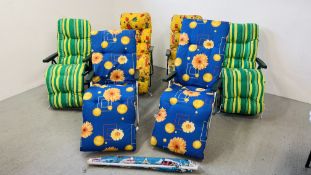6 X FOLDING SUN CHAIRS COMPLETE WITH CUSHIONS ALONG WITH A PARASOL.