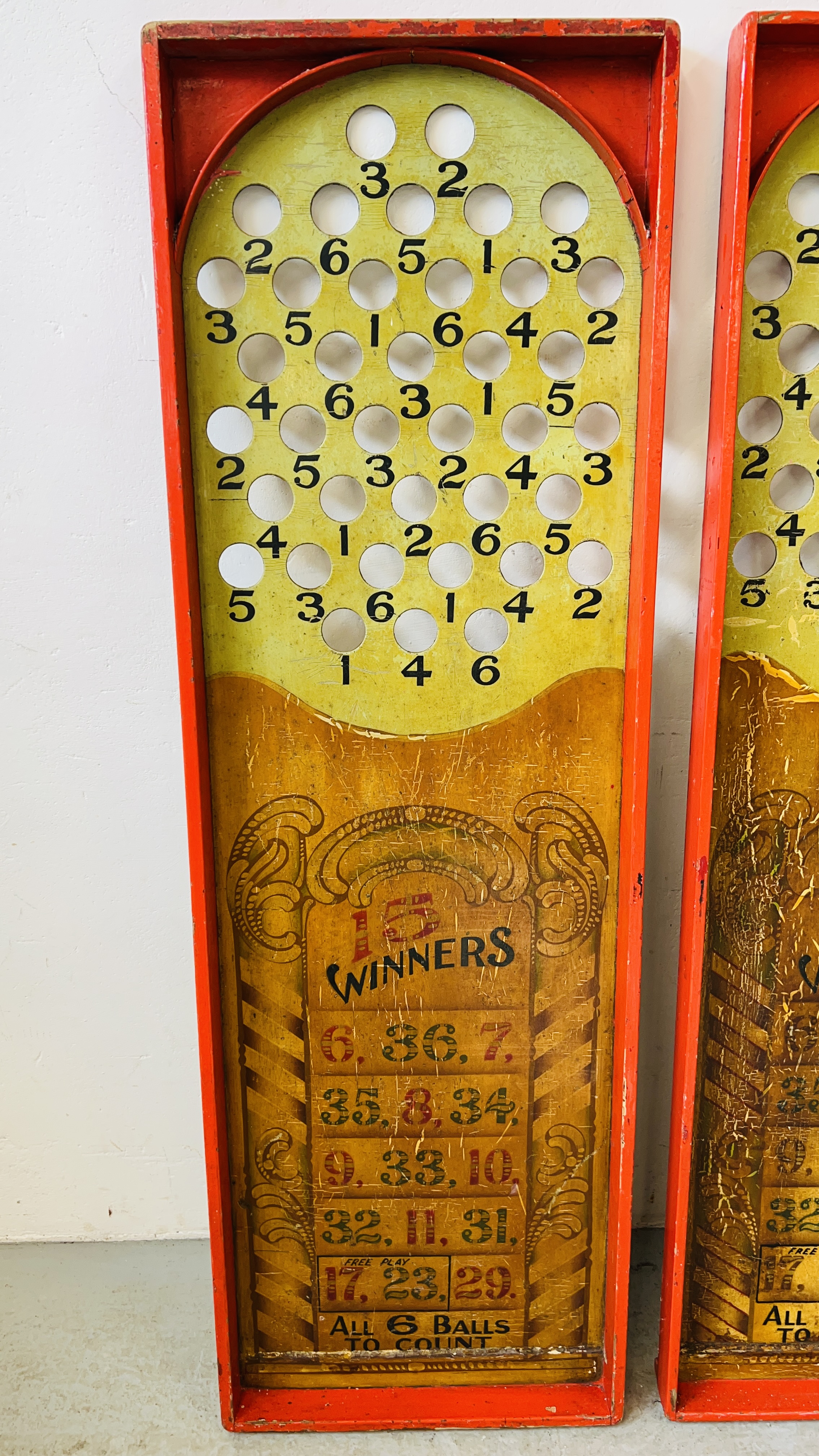 TWO VINTAGE HAND PAINTED FAIRGROUND GAMING BOARDS EACH W 46CM, H 144CM. - Image 7 of 11