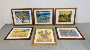 A GROUP OF SIX VAN GOGH PRINTS TO INCLUDE MULBERRY TREE, FISHING BOAT, SUNFLOWERS AND LANDSCAPE.