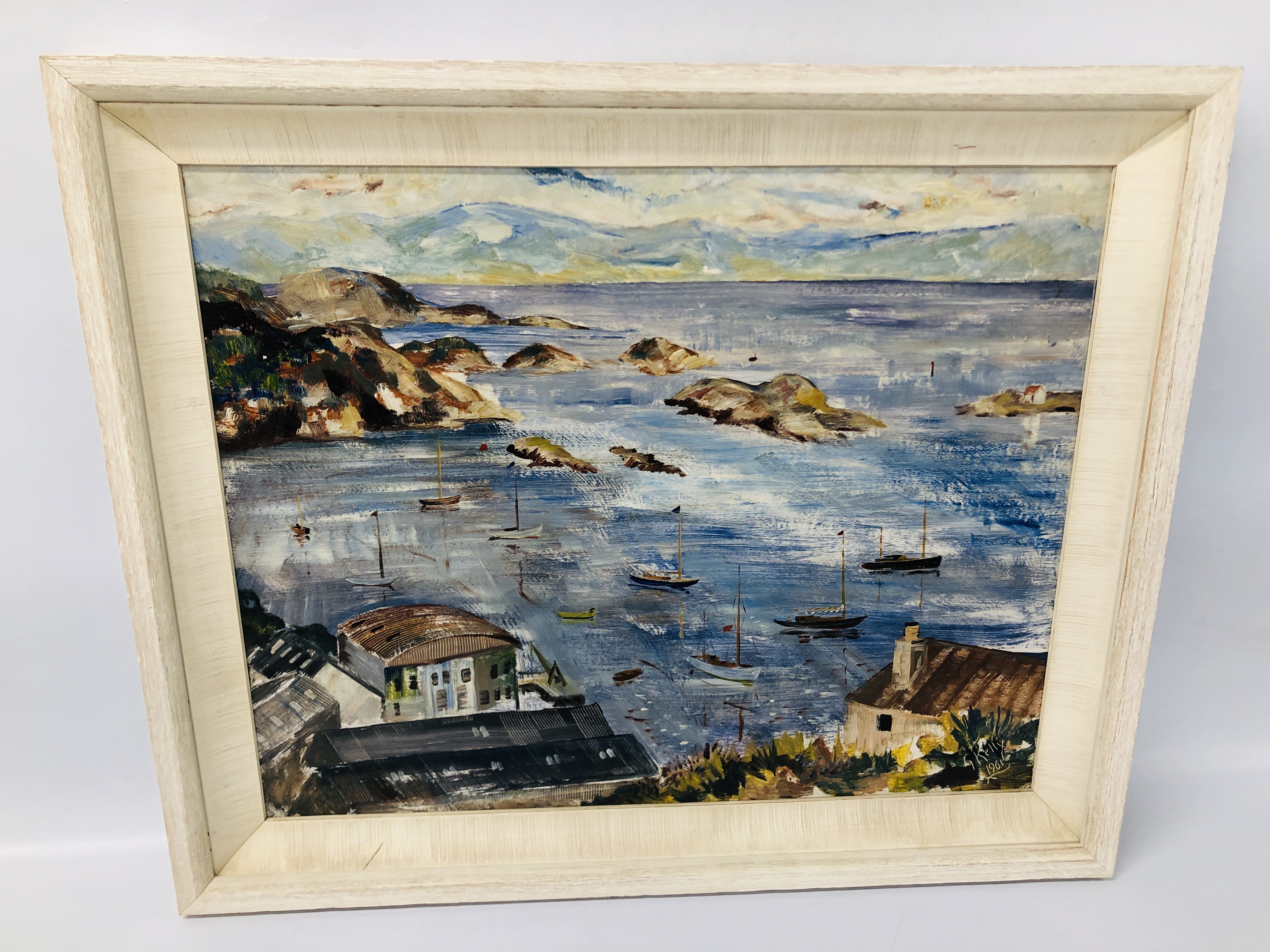 GEORGE KELLY OIL ON BOARD "THE HARBOUR TARBERT" 1961 FRAMED AND MOUNTED.