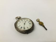 VINTAGE ORNATE SILVER POCKET WATCH MARKED "LA FIDELE", ENAMELLED DIAL AND WINDER / KEY.