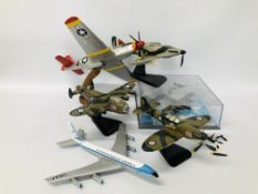 A COLLECTION OF FIVE MODEL AIR CRAFT TO INCLUDE CORGI BOEING 707, WOODEN CRAFT LANCASTER BOMBERS,