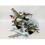 A COLLECTION OF FIVE MODEL AIR CRAFT TO INCLUDE CORGI BOEING 707, WOODEN CRAFT LANCASTER BOMBERS,