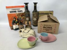 BOX OF SUNDRIES TO INCLUDE PAIR OF VINTAGE WEST GERMAN WHISKY AND GIN DECANTERS,