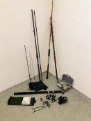FOUR FISHING RODS TO INCLUDE INTREPID ZRA:2530 TELESCOPIC ETC ALONG WITH QUANTITY OF FLOATS AND