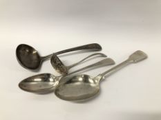 A SILVER DESSERT SPOON, PETER BATEMAN, LONDON 1796, ALONG WITH A GEORGE III SILVER SERVING SPOON,