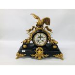 AN IMPRESSIVE SLATE MANTEL TIME PIECE EMBELLISHED WITH GILT METAL OAK LEAF AND GARLAND DETAILING