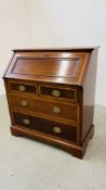 AN EDWARDIAN INLAID MAHOGANY TWO OVER TWO DRAWER BUREAU WITH FITTED INTERIOR WIDTH 92CM. DEPTH 46CM.
