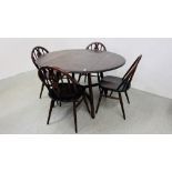 AN ERCOL DROP SIDE DINING TABLE WITH CROSS STRETCHER SUPPORT AND FOUR ERCOL DINING CHAIRS 104CM X